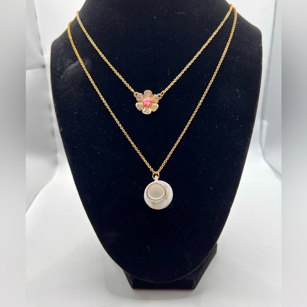 Adorable Double Gold Tone Necklace-One Designedw/Flower-the other w/Cup & Saucer